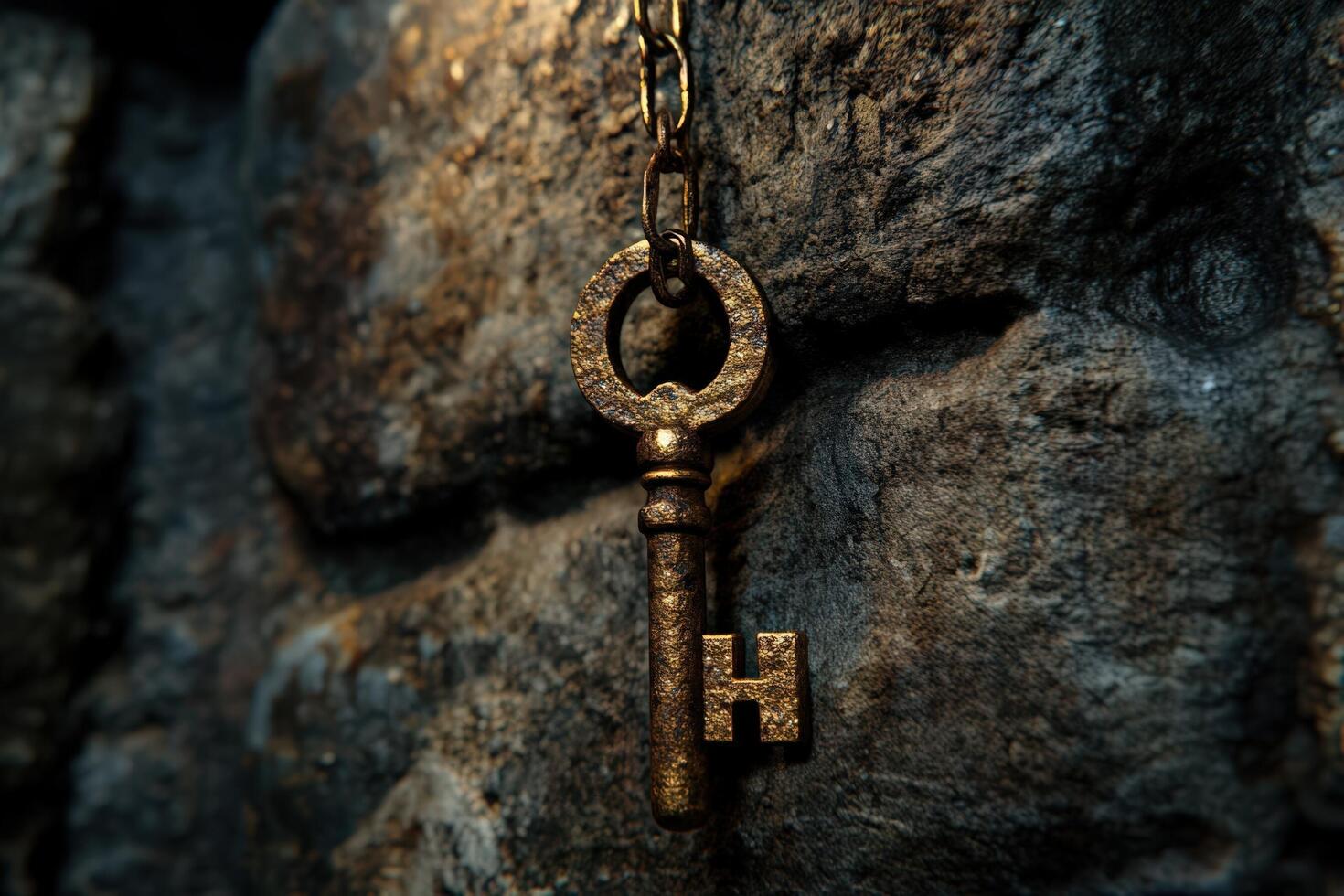 Antique Key Hanging on a Rough Stone Wall photo