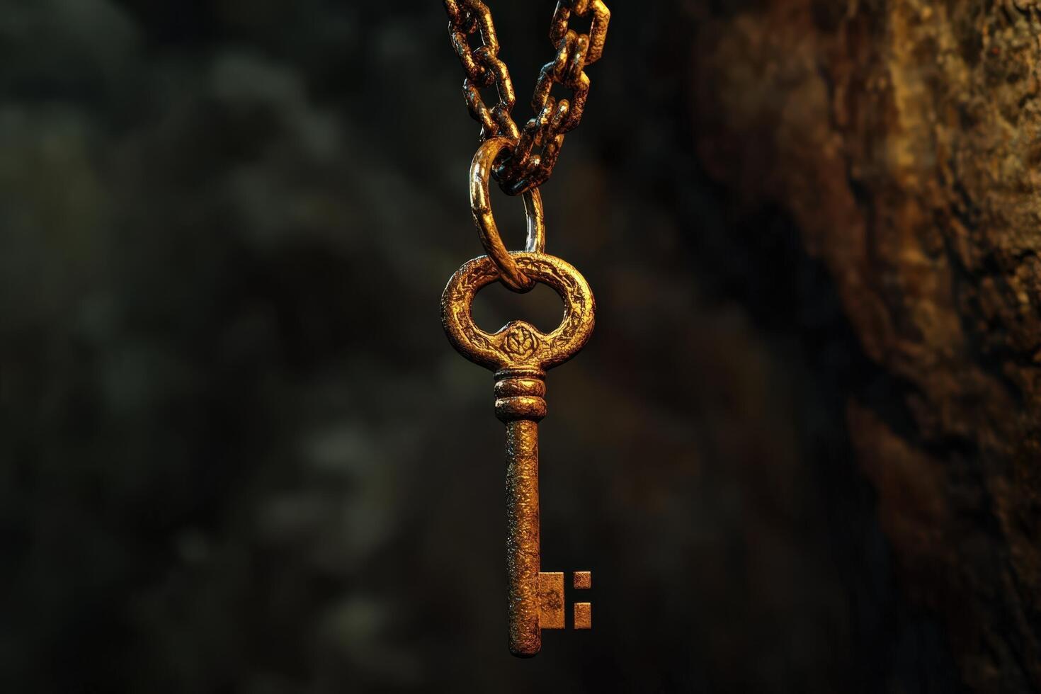 An ornate golden key hangs from a heavy chain photo