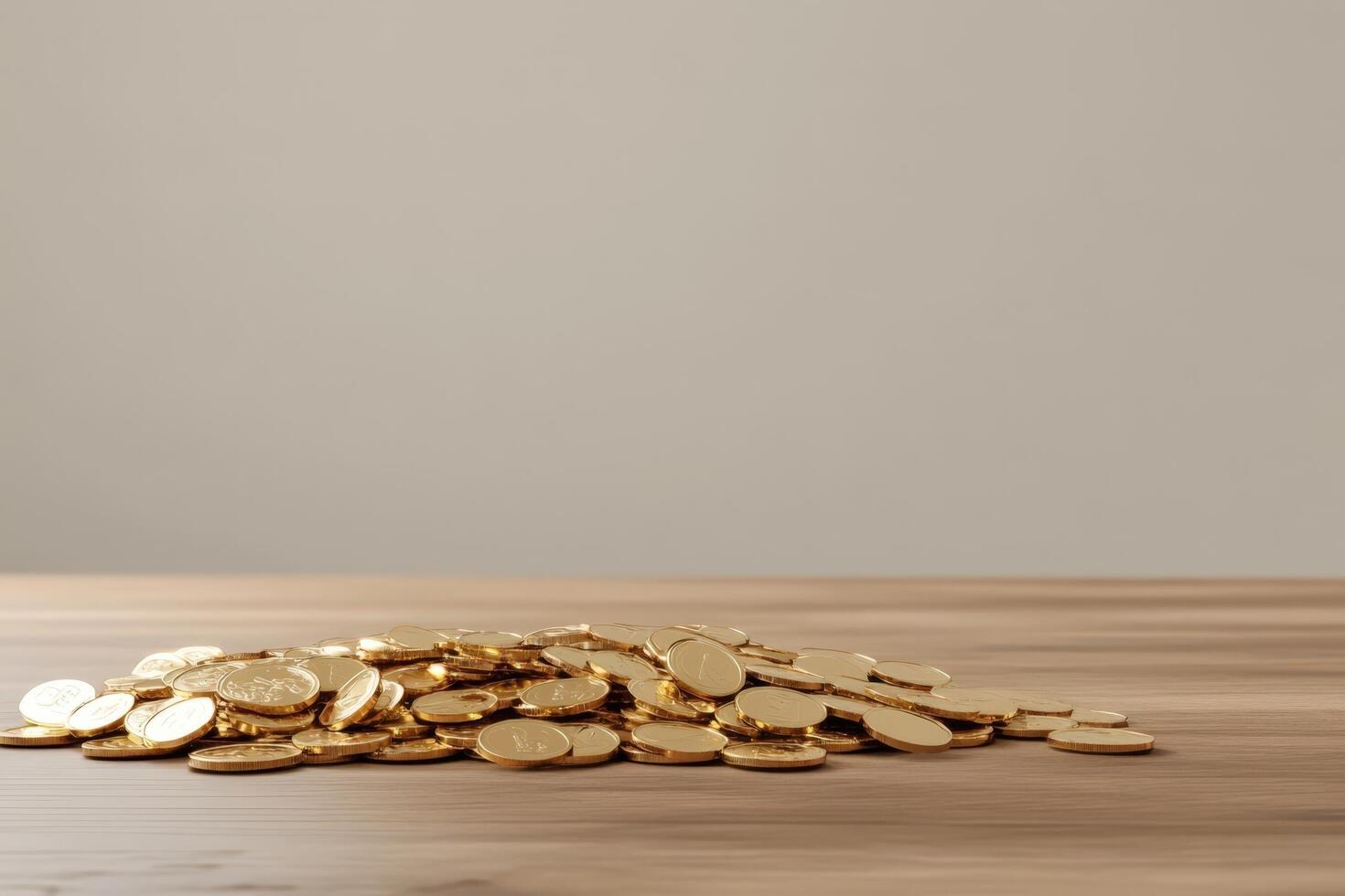 Gold coins on wooden table with copy space photo