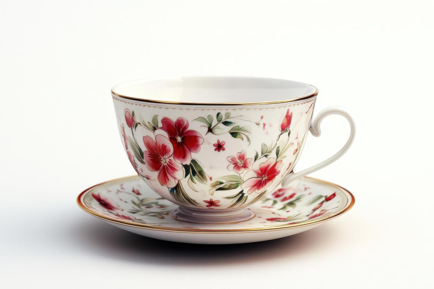 Elegant floral teacup and saucer set displayed on white photo