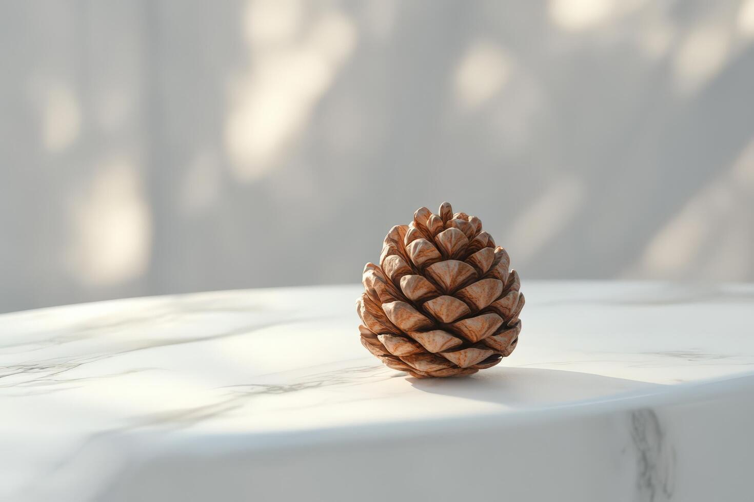 Single Pine Cone on White Marble Surface photo