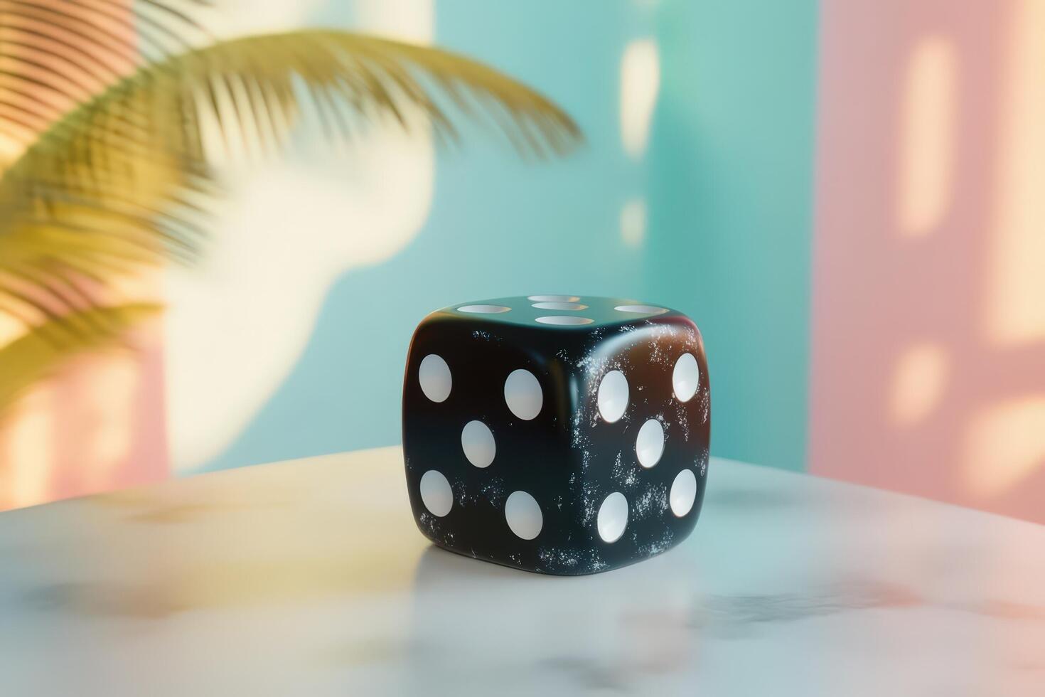 A weathered black die rests on a marble surface photo