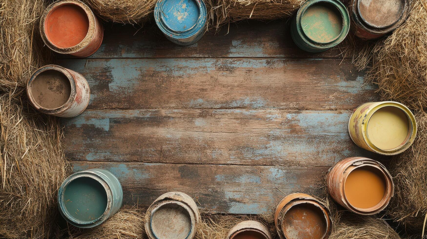 Rustic paint cans arranged on weathered wooden planks photo