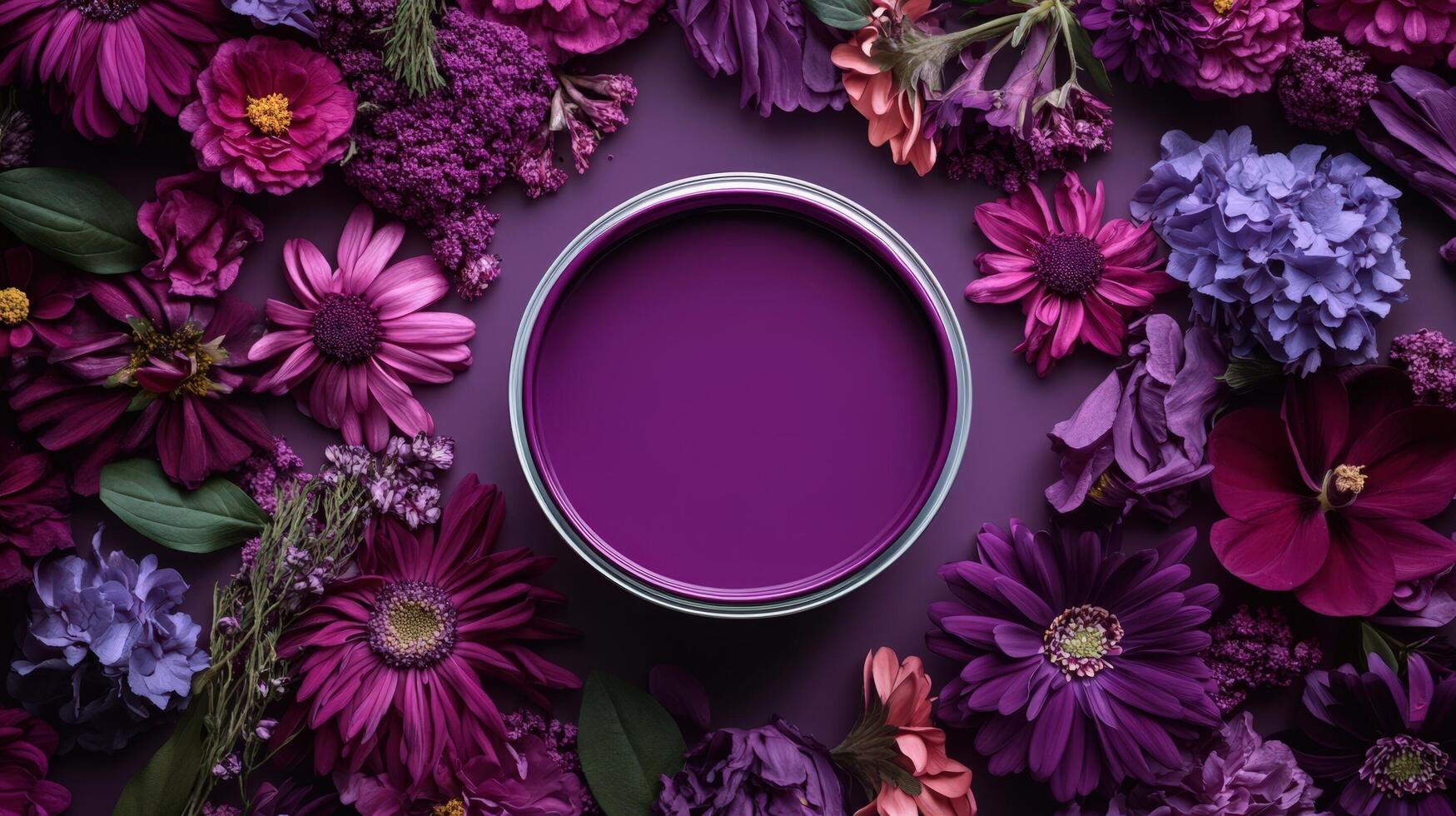 Purple flowers and a round paint can on a purple background photo