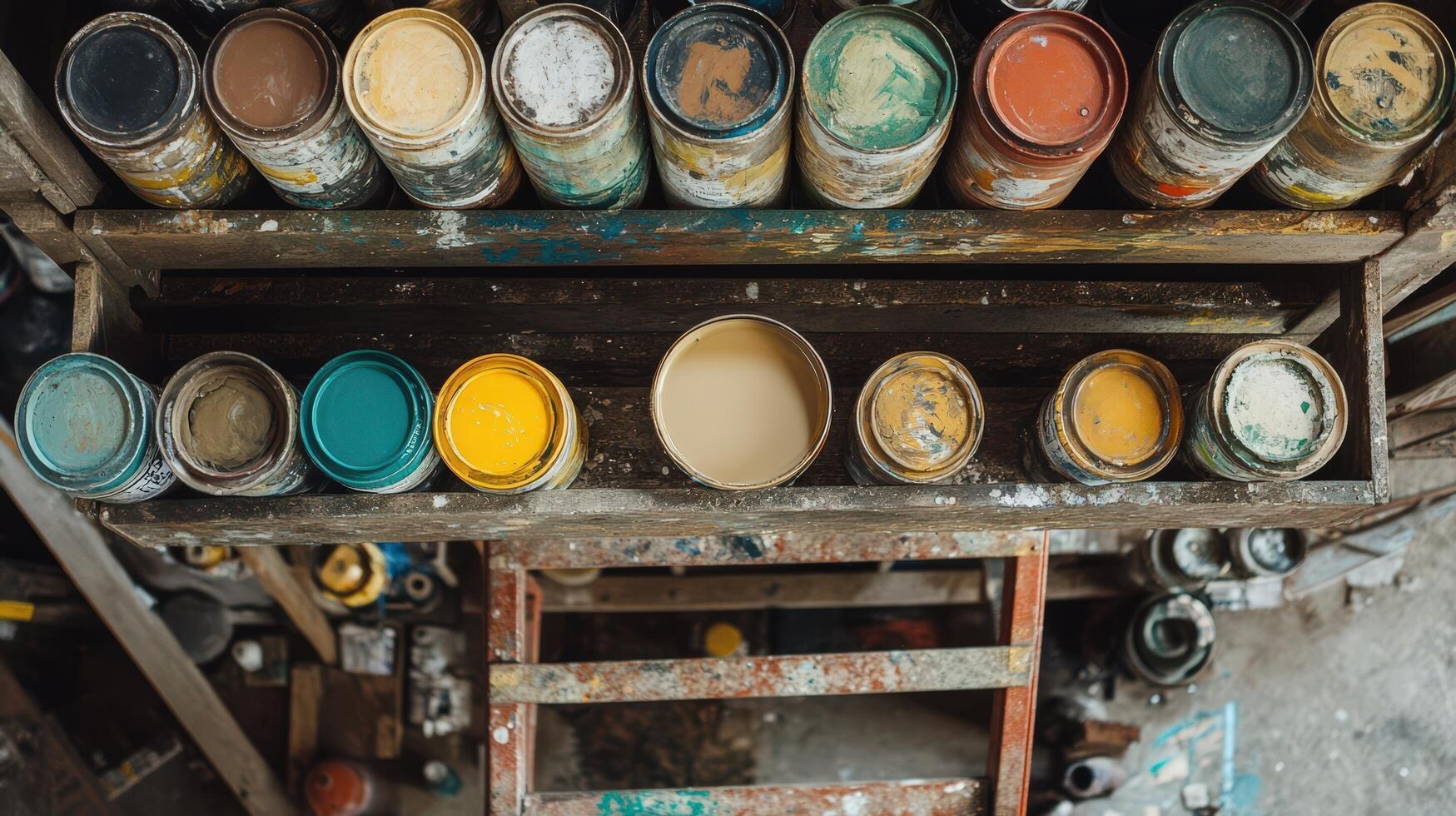Paint cans on a wooden shelf in a workshop photo