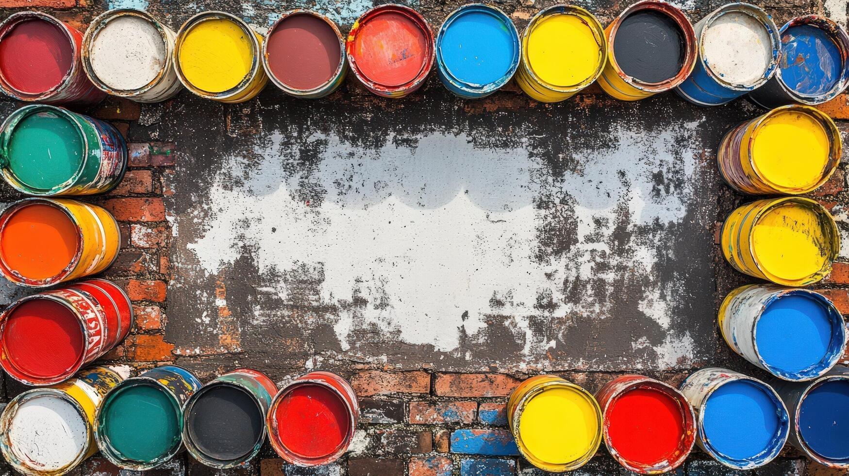 Colorful paint cans arranged on a brick wall photo