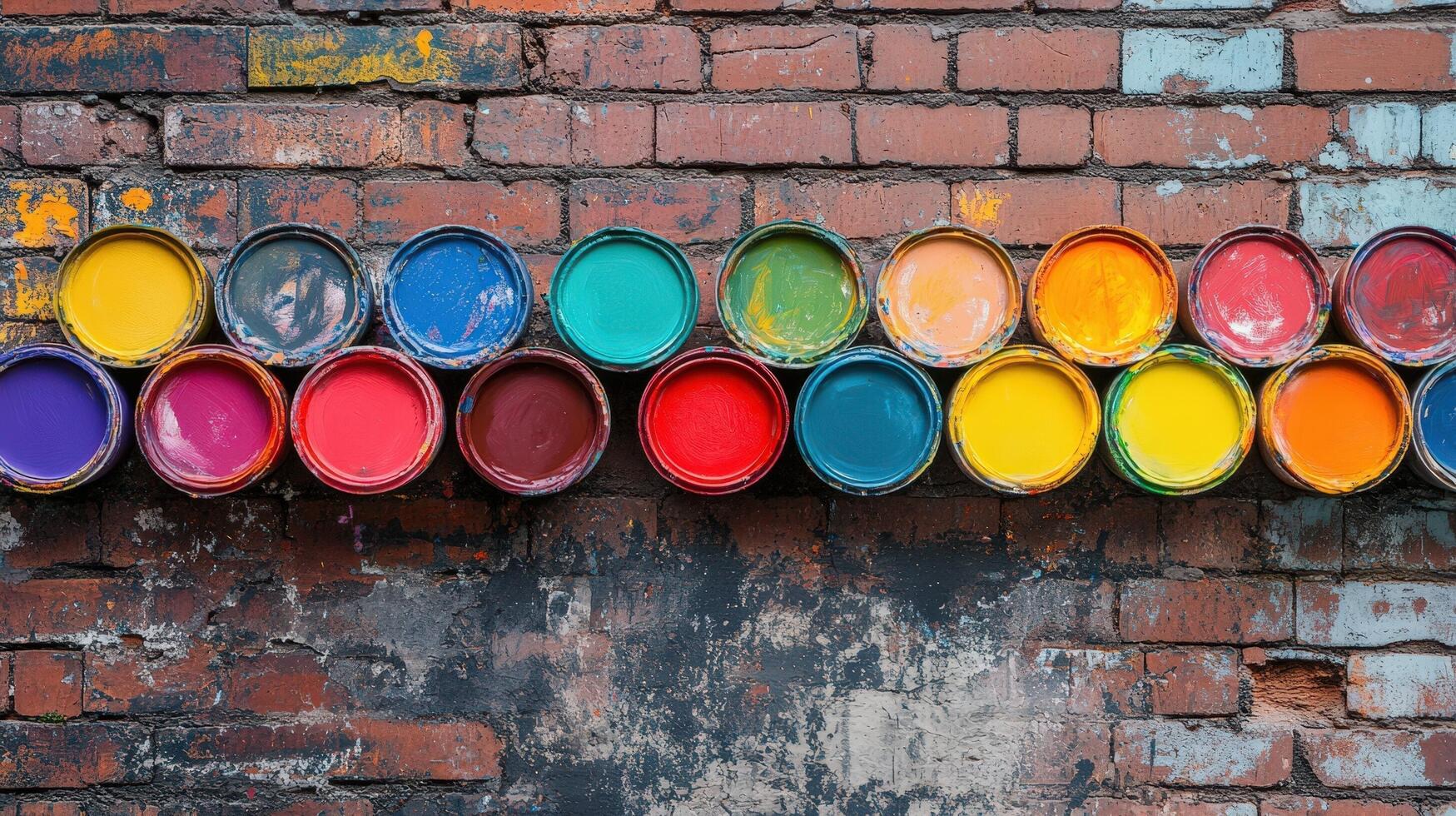 Colorful Paint Cans Arranged Against Brick Wall photo