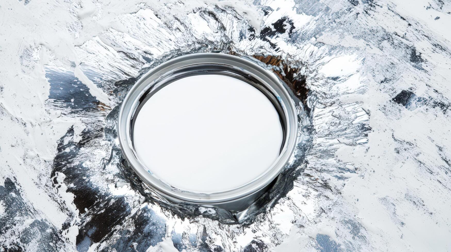 White paint in a metallic container surrounded by textured swirls photo