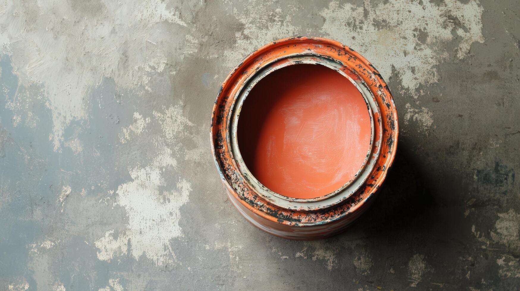 An orange paint can sits on a weathered surface photo