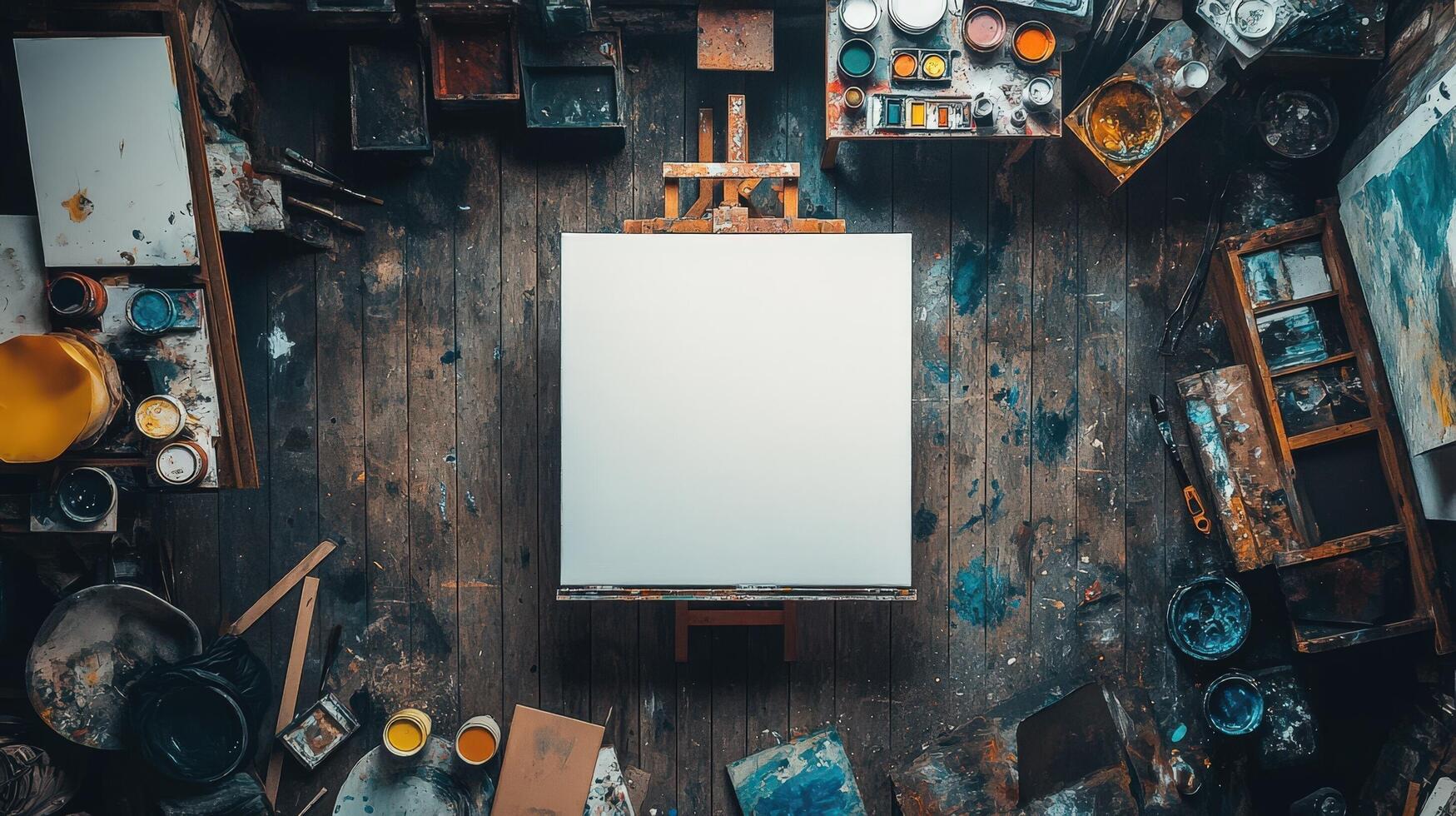 Blank Canvas In A Messy Artists Studio photo