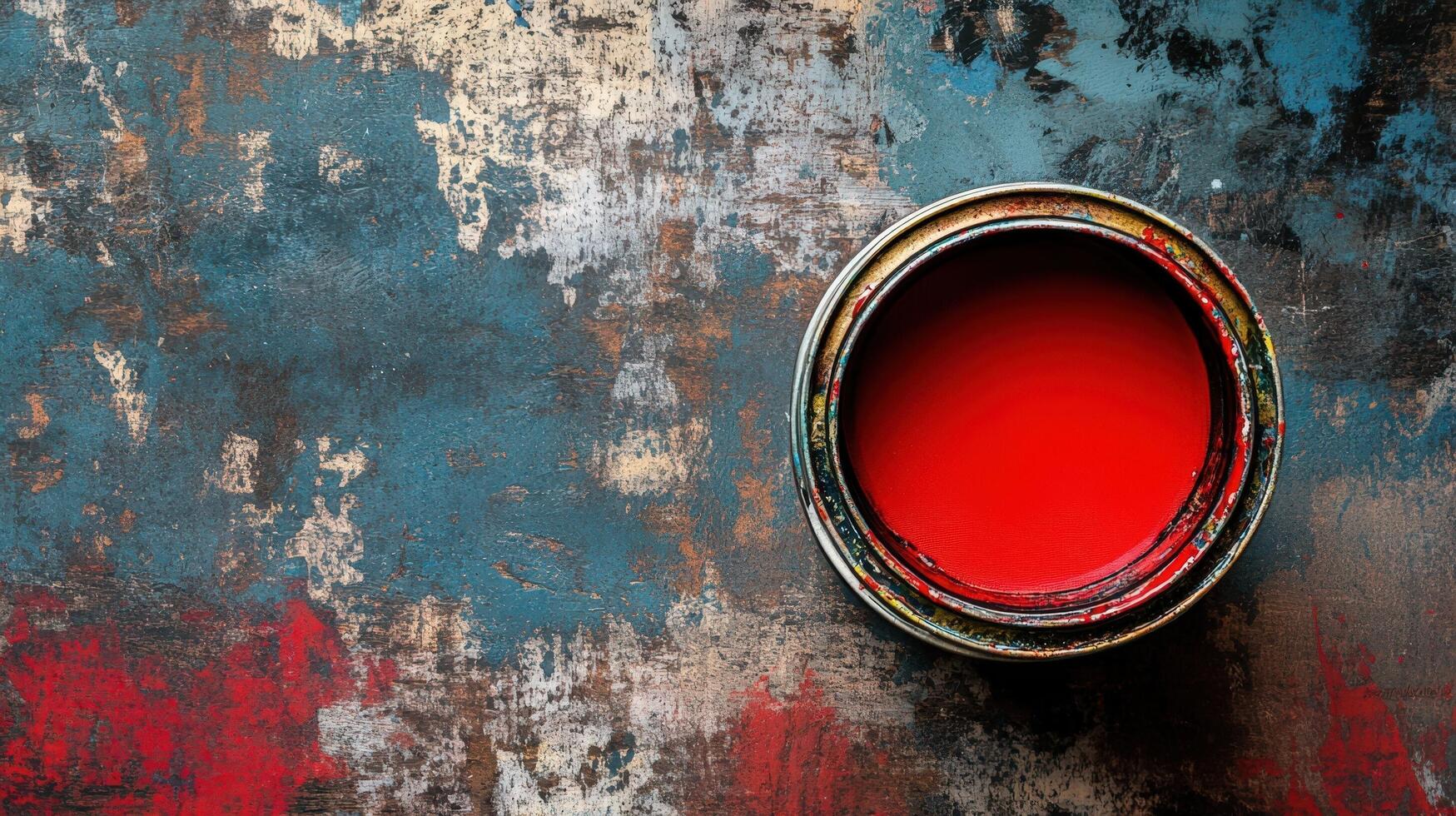 Red paint in a weathered tin can on a textured surface photo