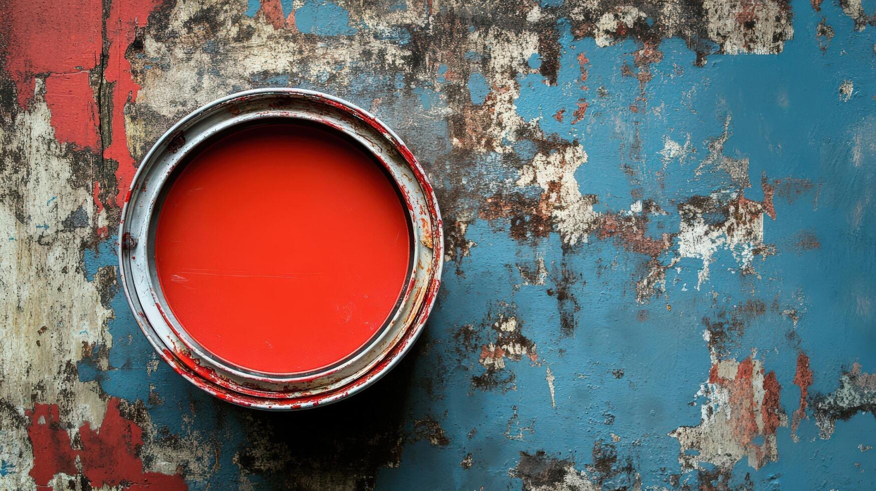 Red paint in a tin on a weathered blue surface photo