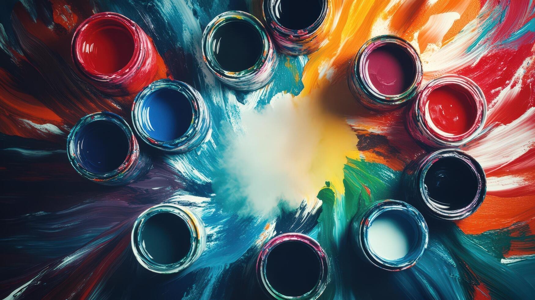Colorful Paint Cans Arranged on Vibrant Abstract Artwork photo