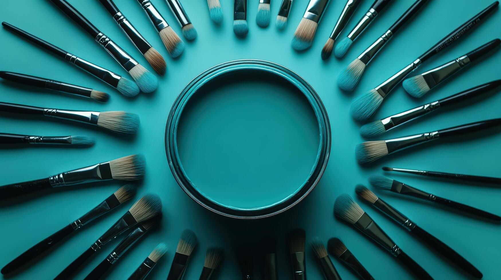 Teal paint and assorted paintbrushes arranged artistically photo