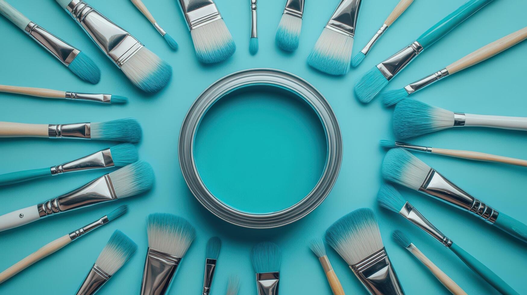 Teal Paint Can Surrounded By Artistic Paintbrushes photo