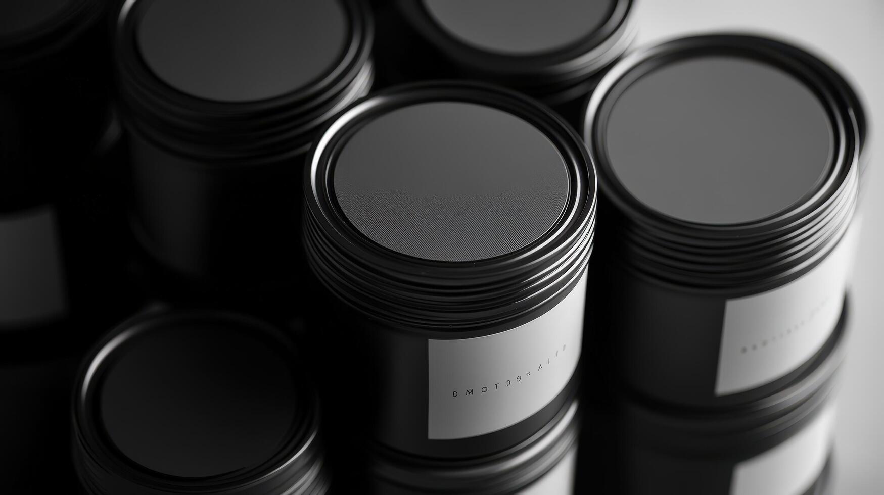 Stacked black paint cans with labels photo