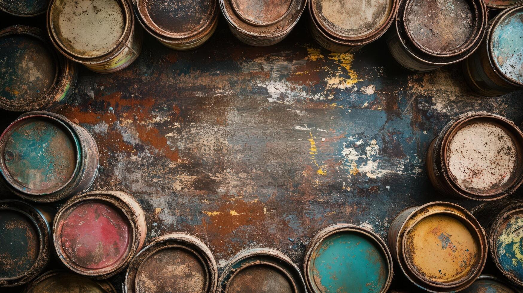 Rusty paint cans arranged around a weathered surface photo
