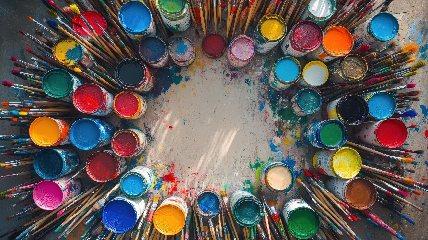 Colorful Paint Cans and Brushes Arranged Artistically photo