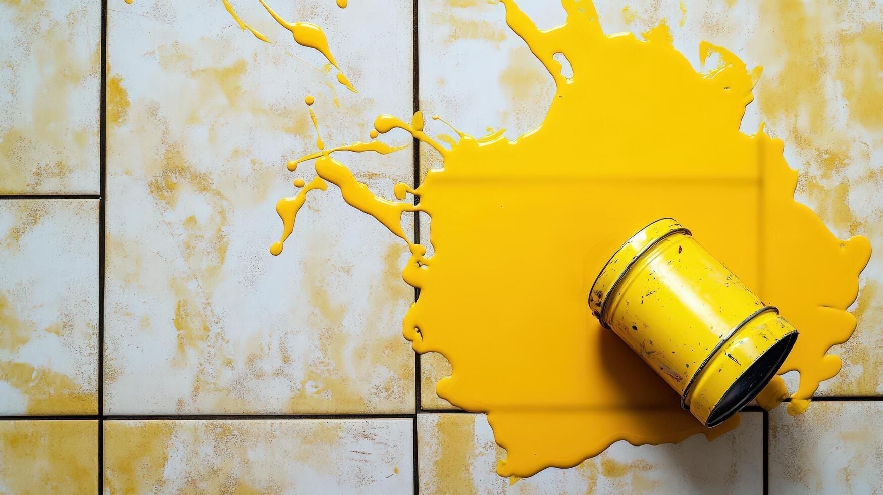 A yellow paint can is sitting on a tiled floor photo