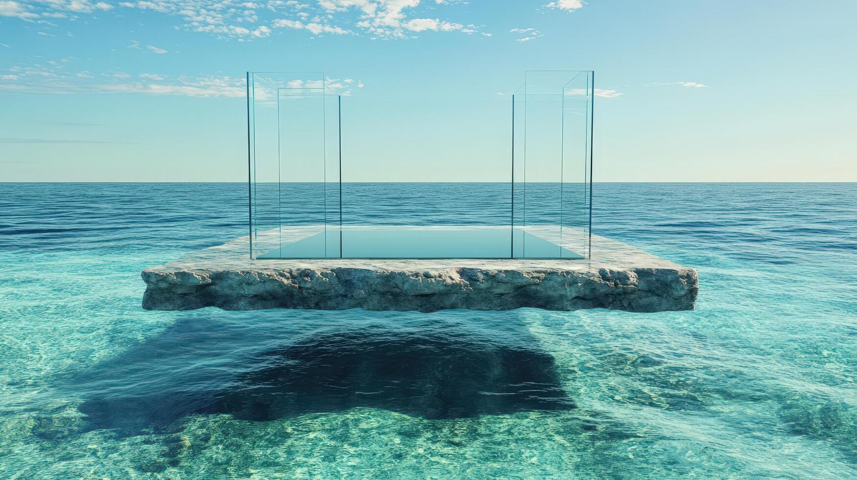 Glass Structure on a Floating Stone Platform Over Ocean photo