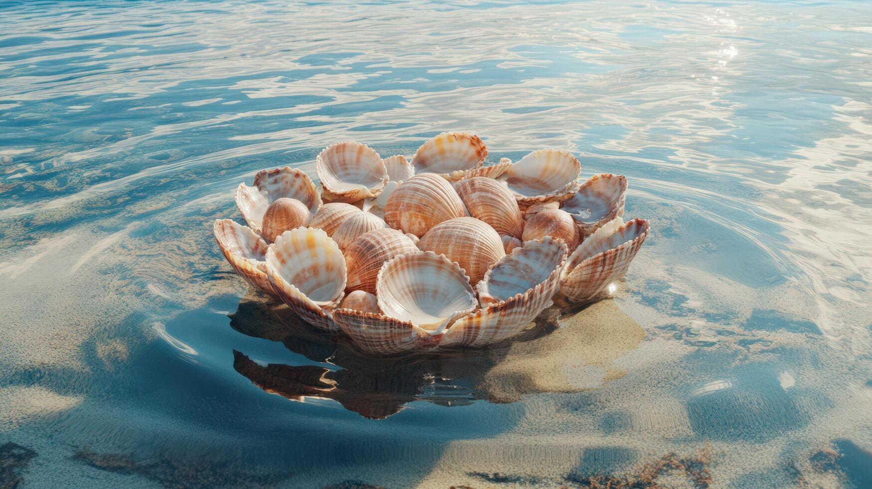 Seashells arranged in a circle float gently on calm ocean water photo