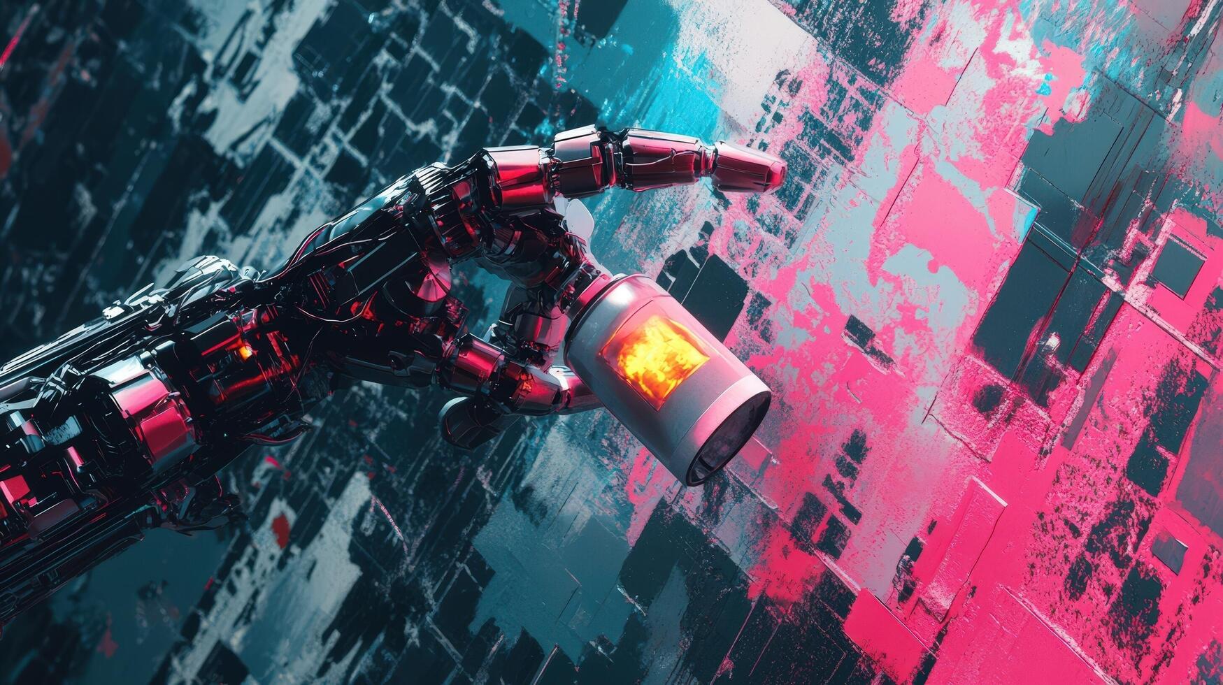 Robotic Arm Holding Glowing Spray Can Against Abstract Art photo