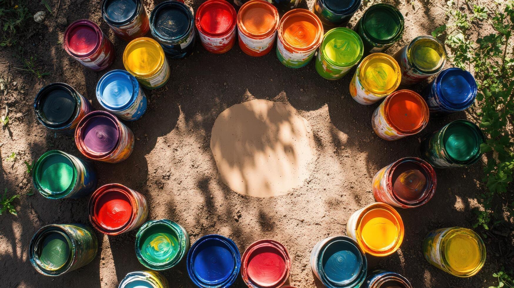 Paint buckets arranged in a circle with a circle in the middle photo