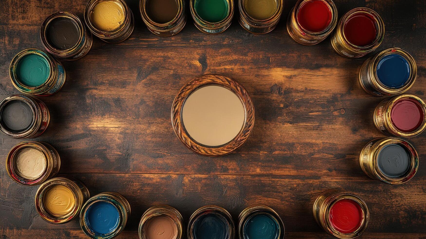 Colorful Paint Cans Surround Wooden Framed Mirror photo