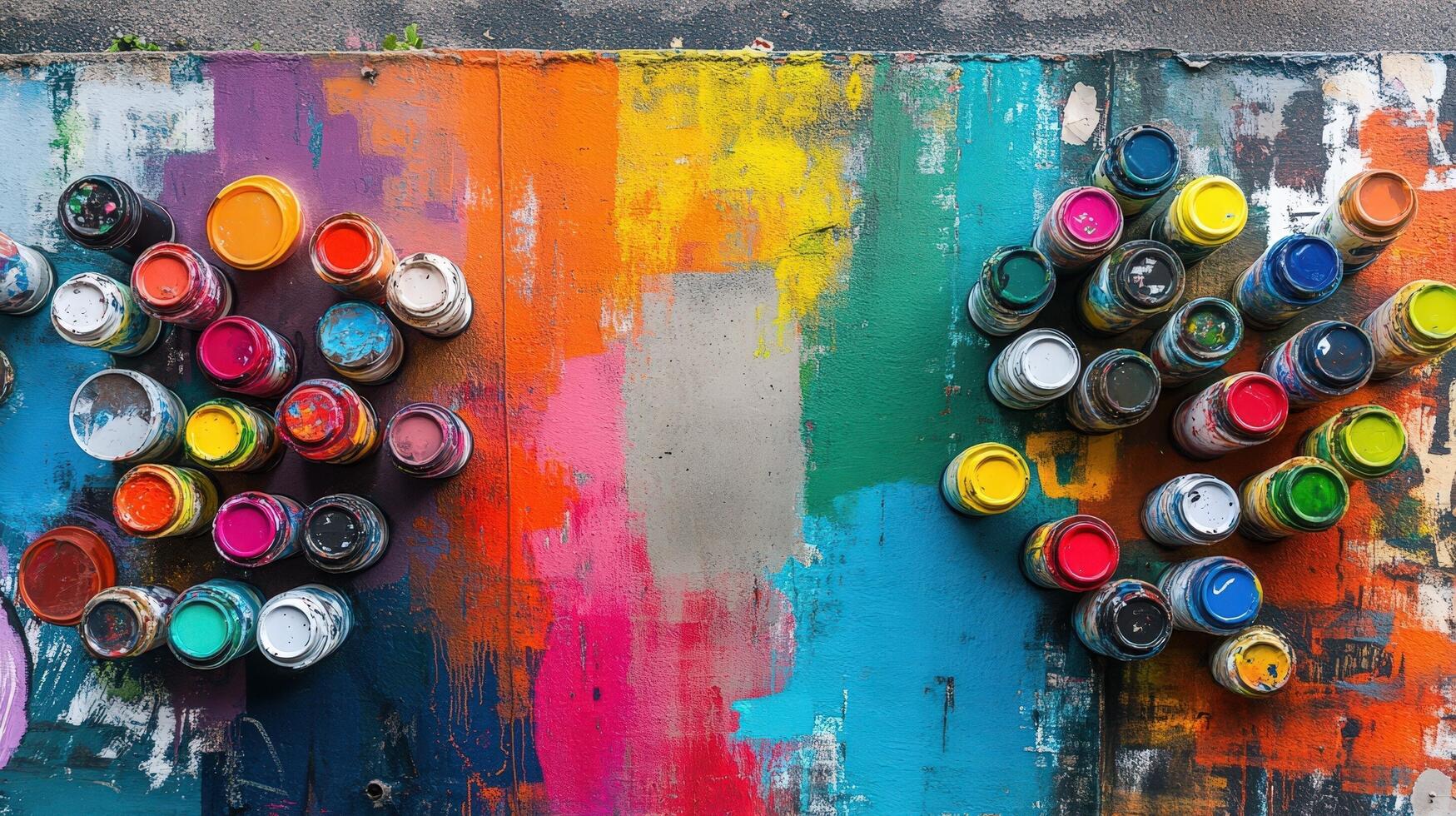 Colorful Paint Cans Against Abstract Painted Background photo