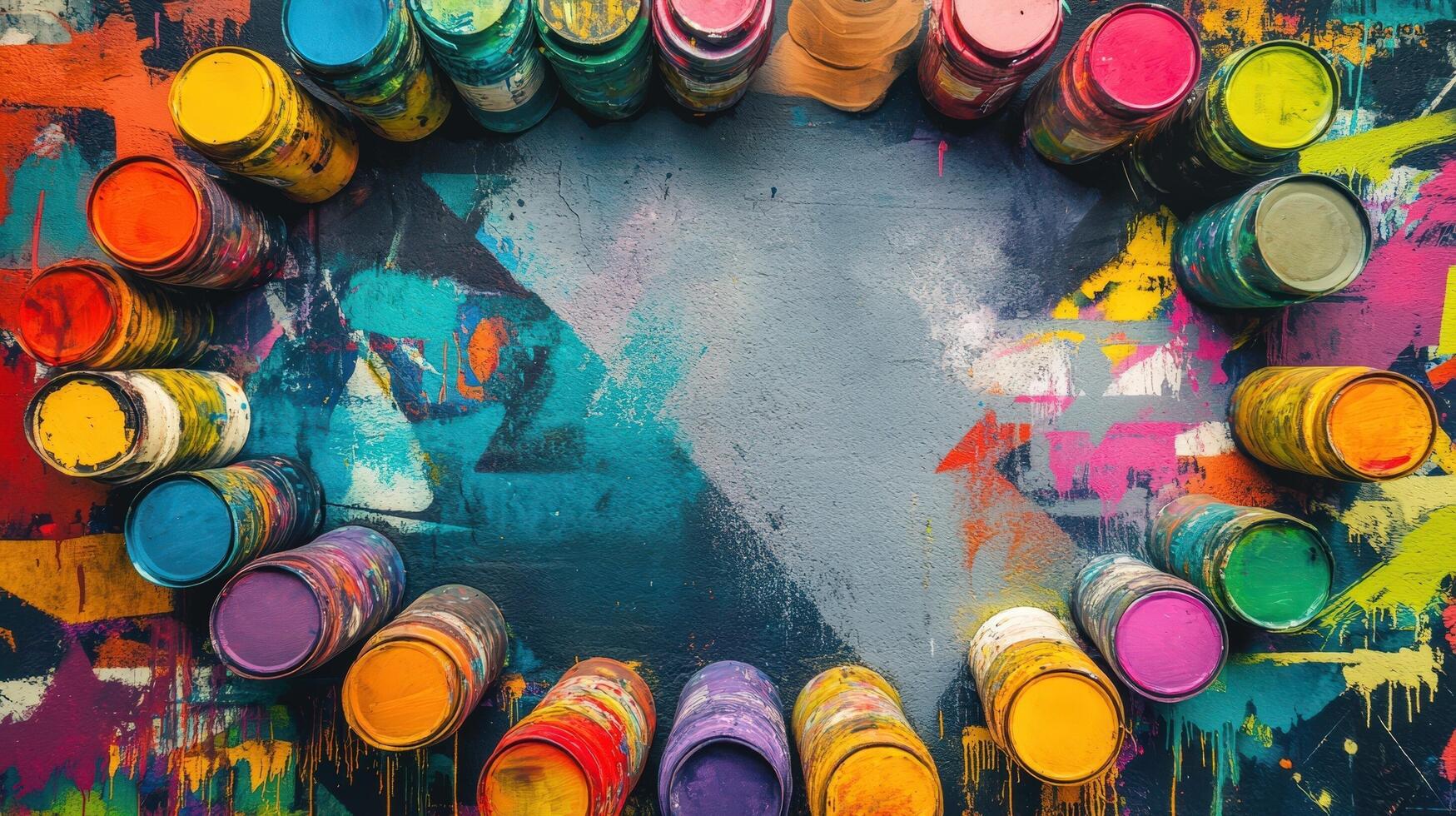 Colorful paint cans arranged around a vibrant painted background photo