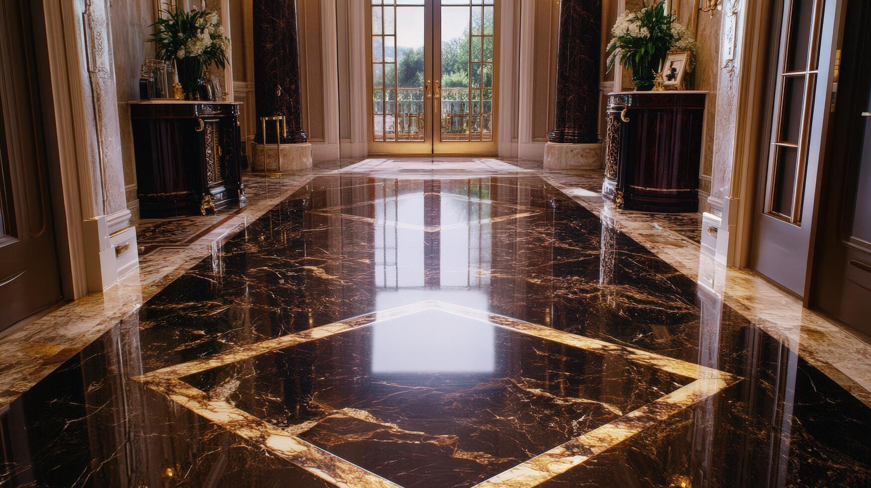 Elegant Mansion Entrance Hallway Polished Marble Floor photo