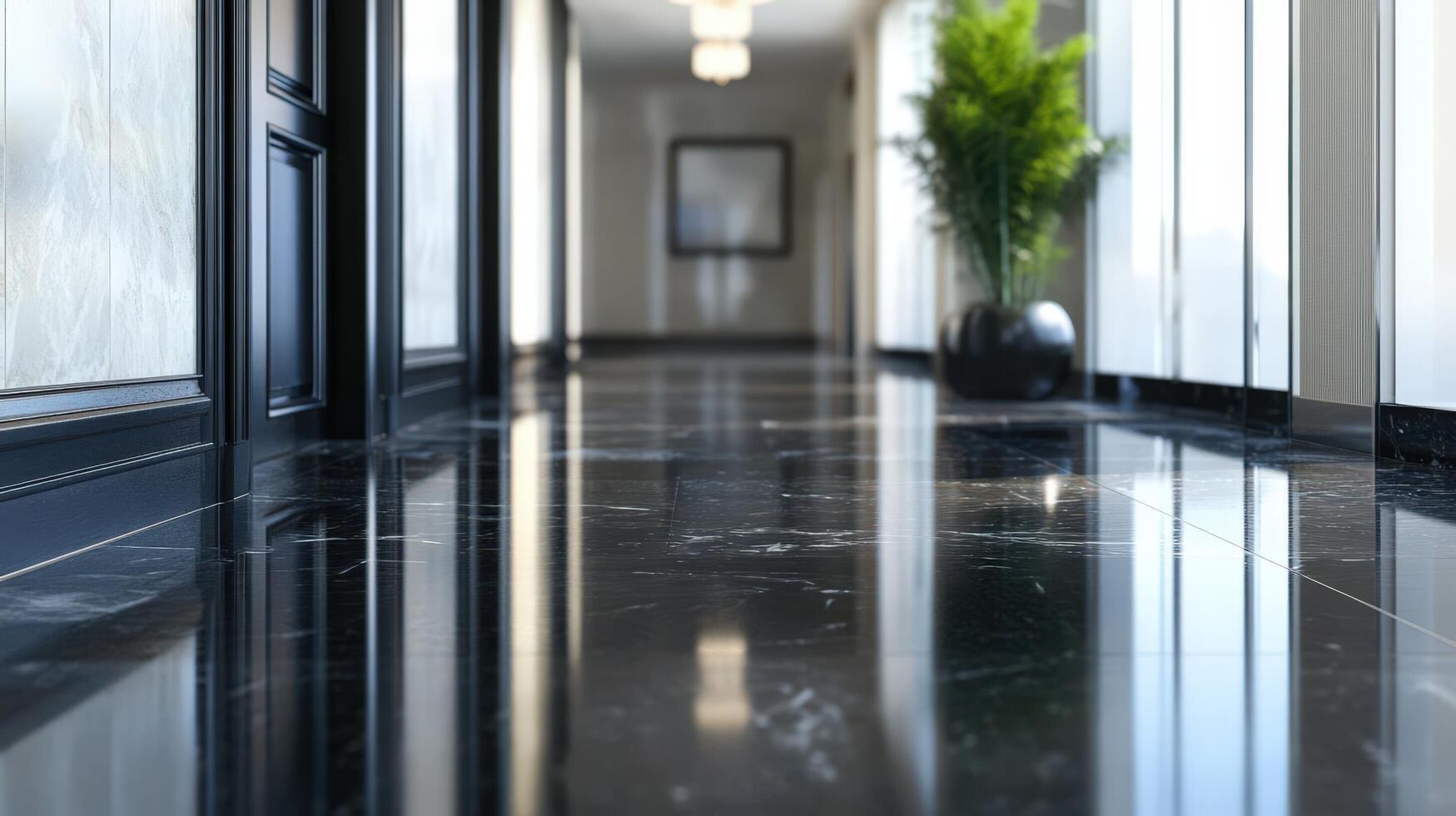 Elegant Hallway With Polished Black Marble Flooring photo