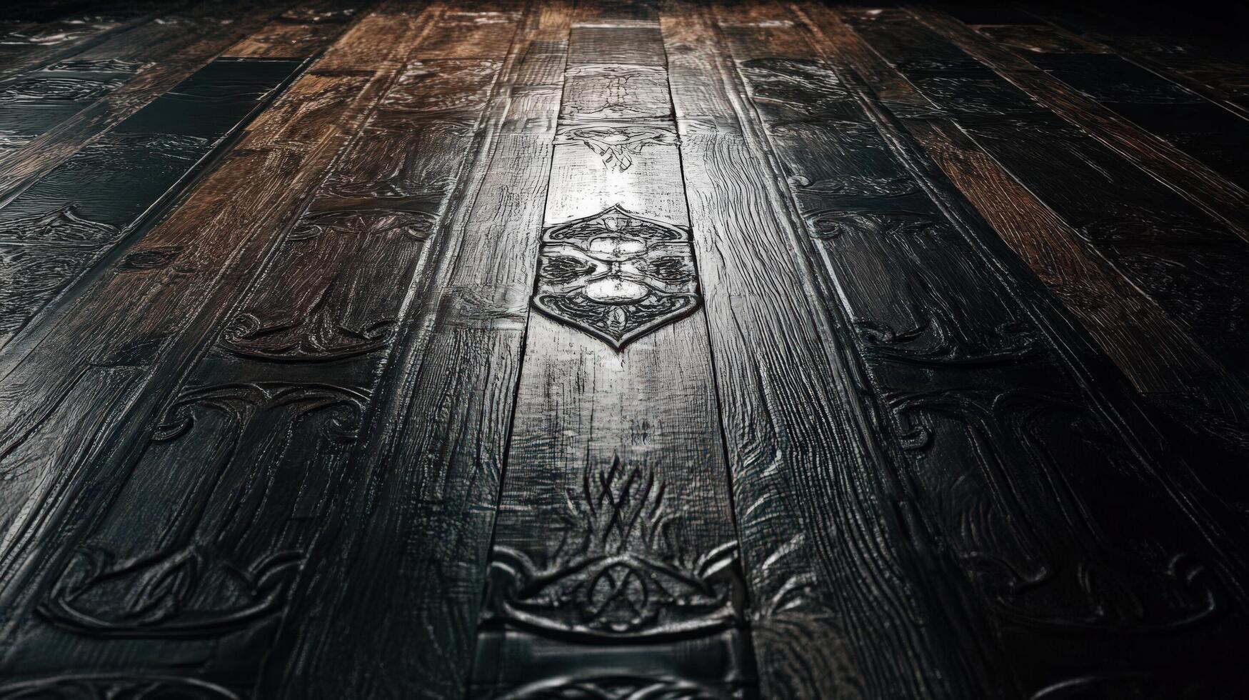 A dark wood floor with a decorative pattern photo