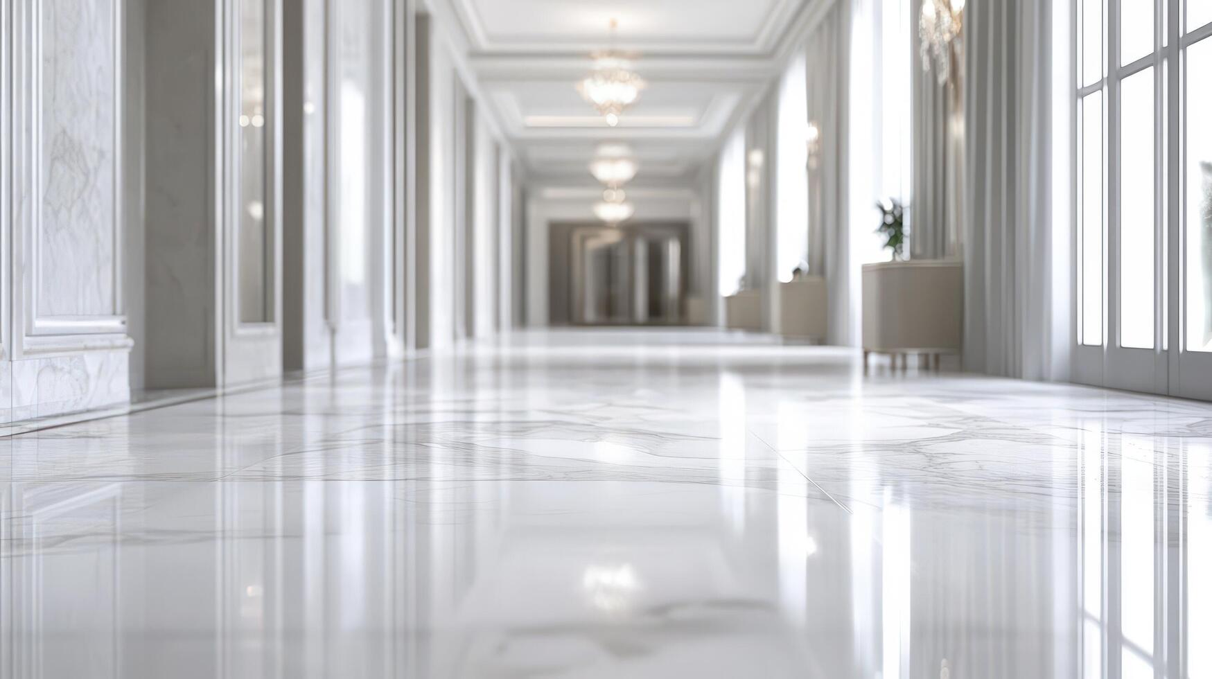 A long hallway with marble floors and white walls photo
