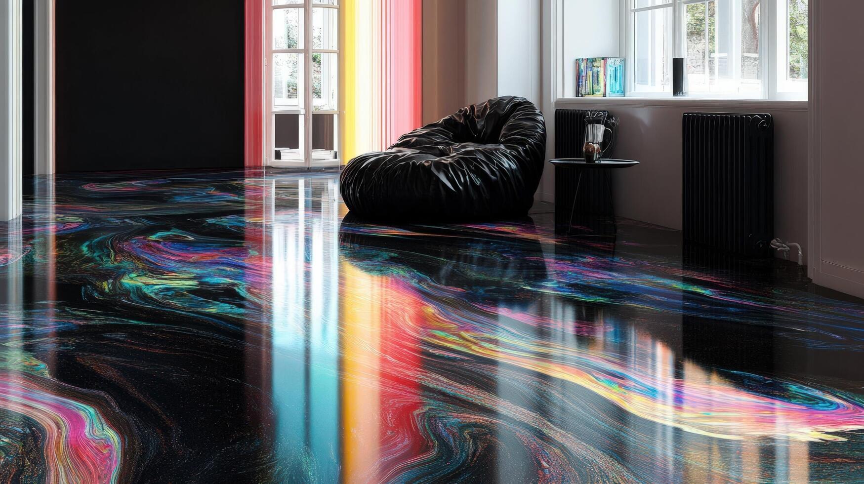 A room with a black chair and a colorful floor photo