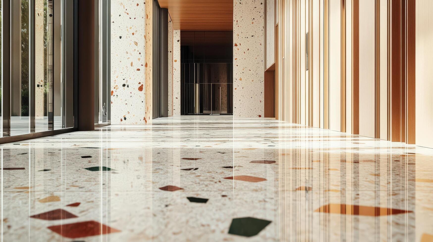 A hallway with marble flooring and colorful tiles photo