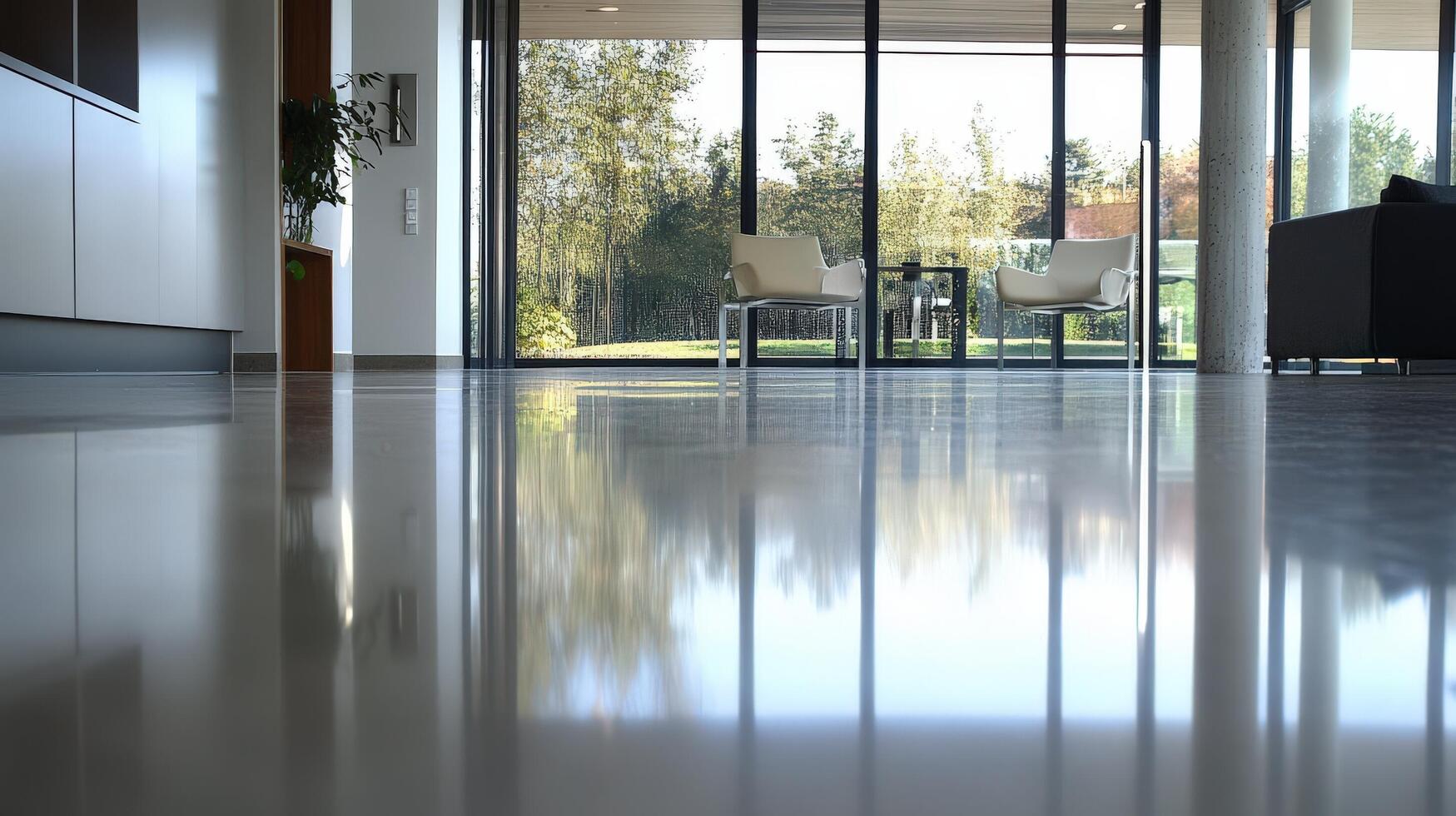A large room with a large glass door and a large table photo