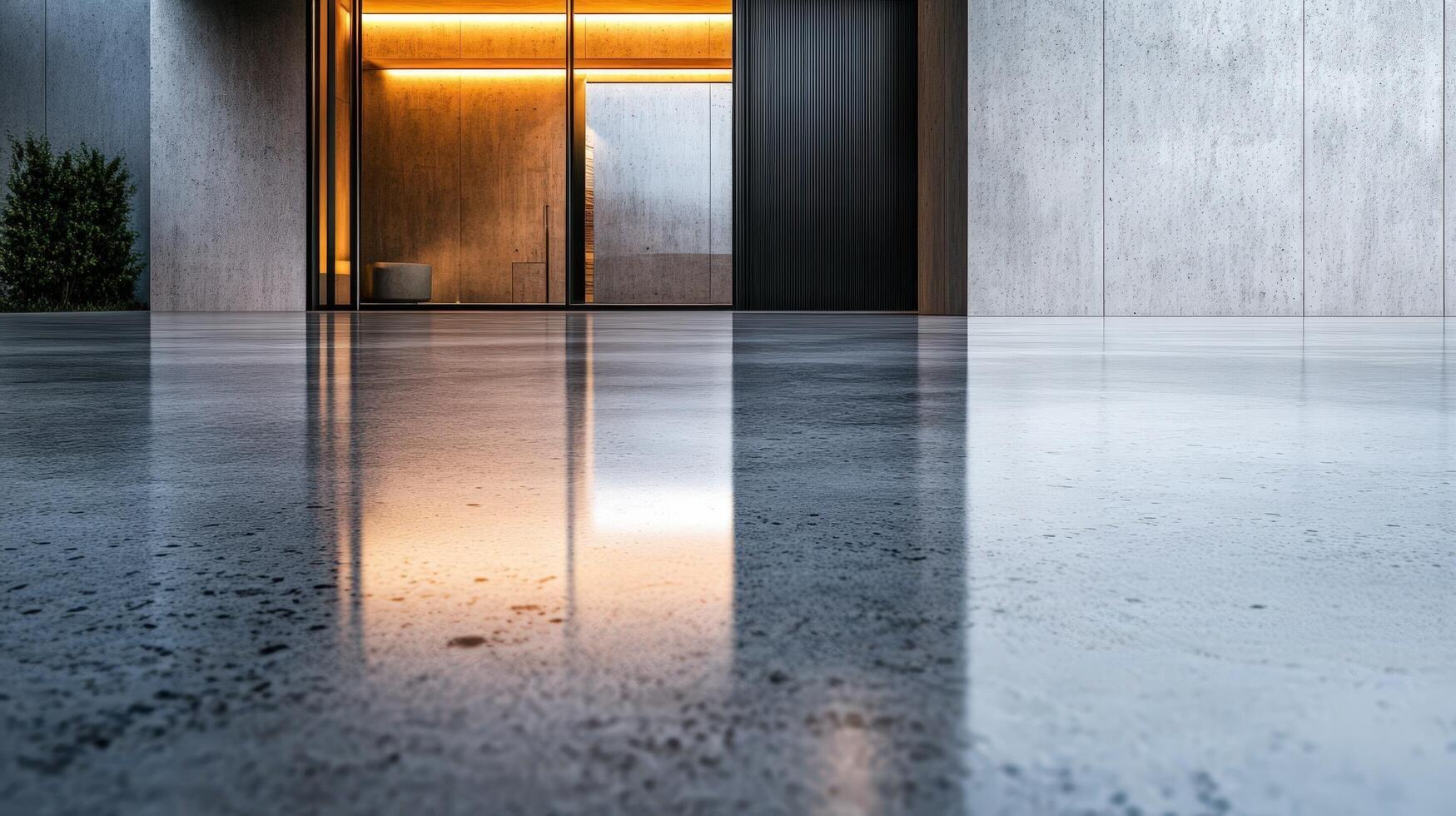 A modern concrete building with a door and a light photo