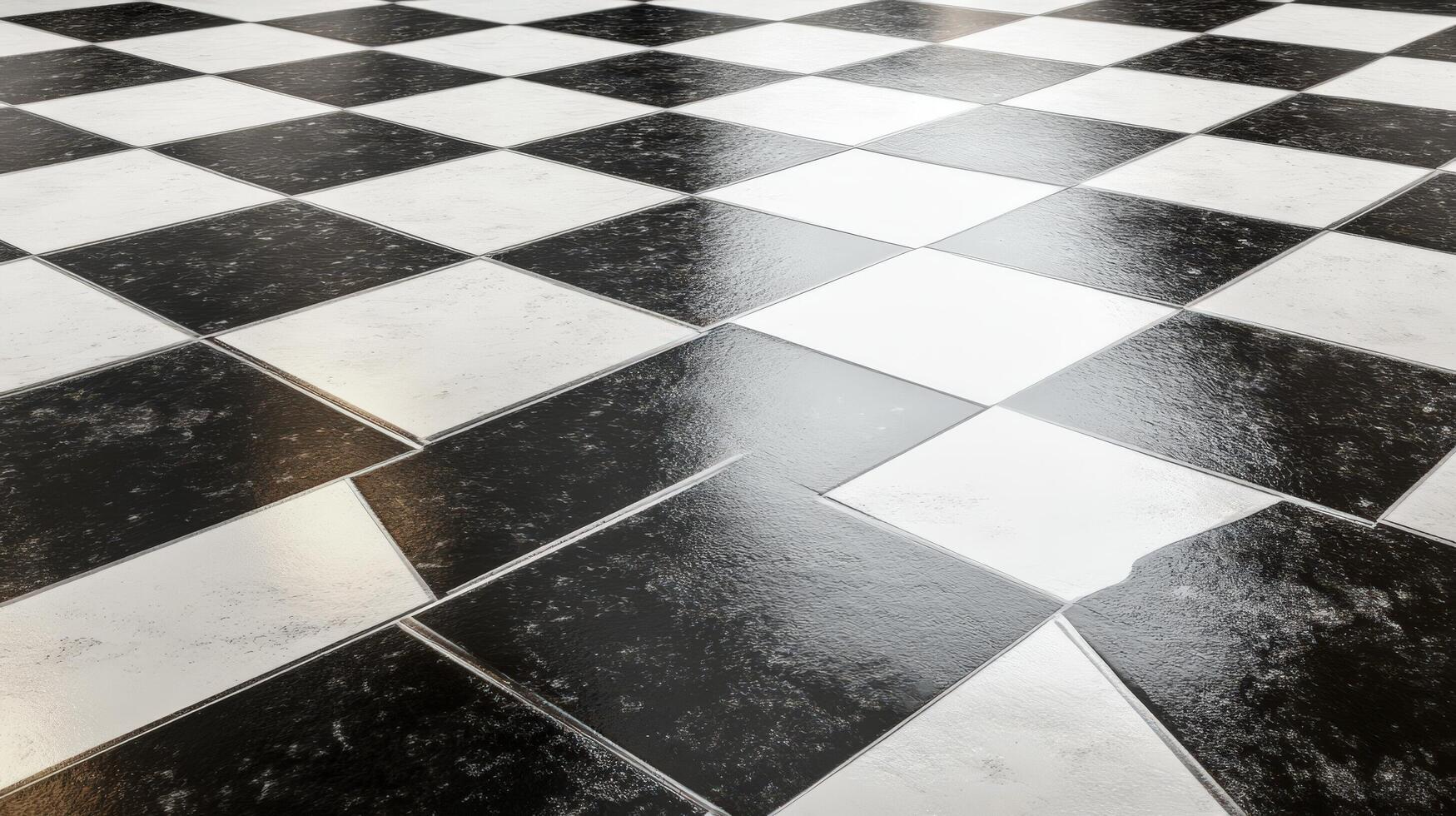 A black and white checkered floor with a broken tile photo