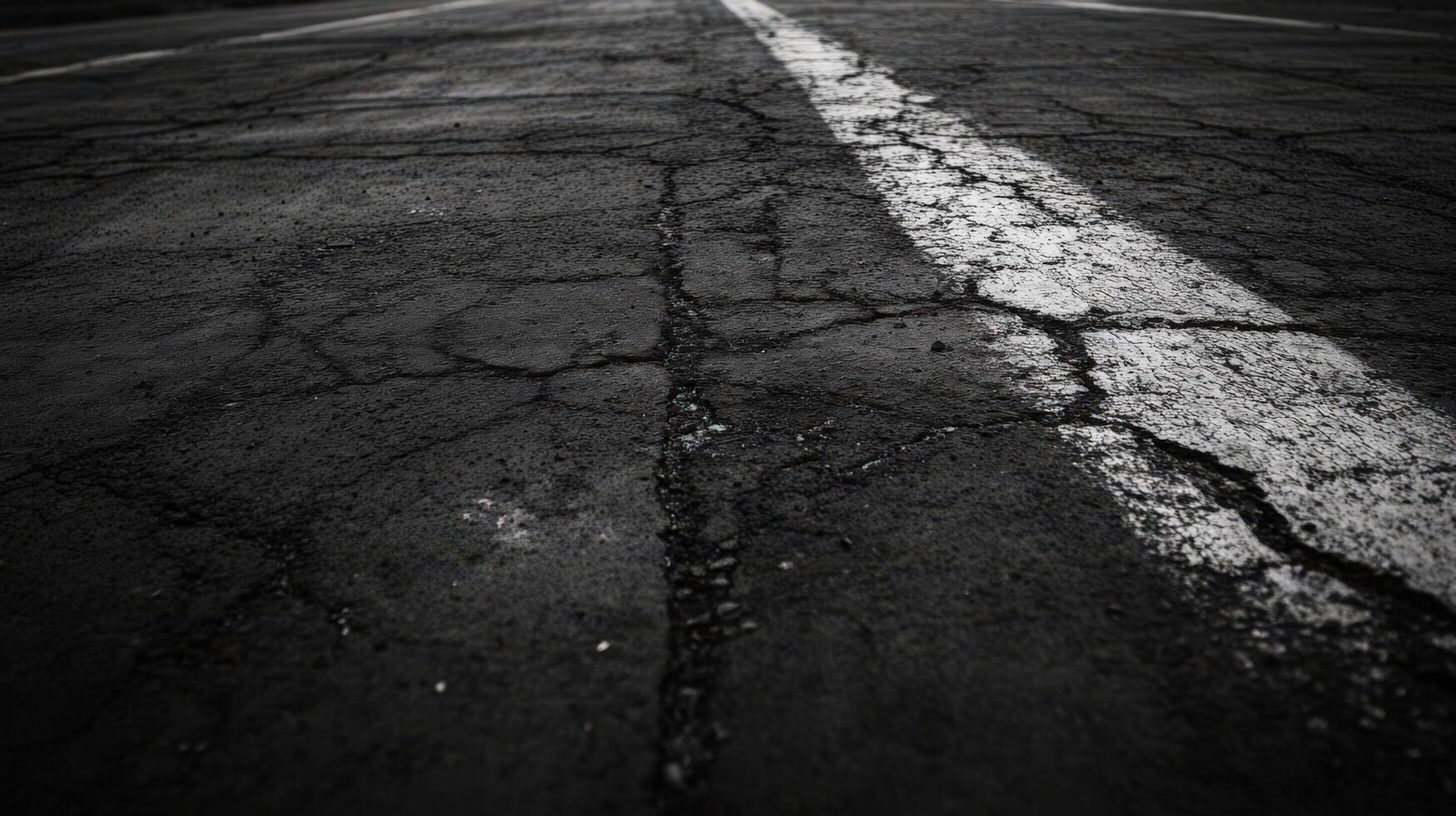 Black and white photo of asphalt road with white lines