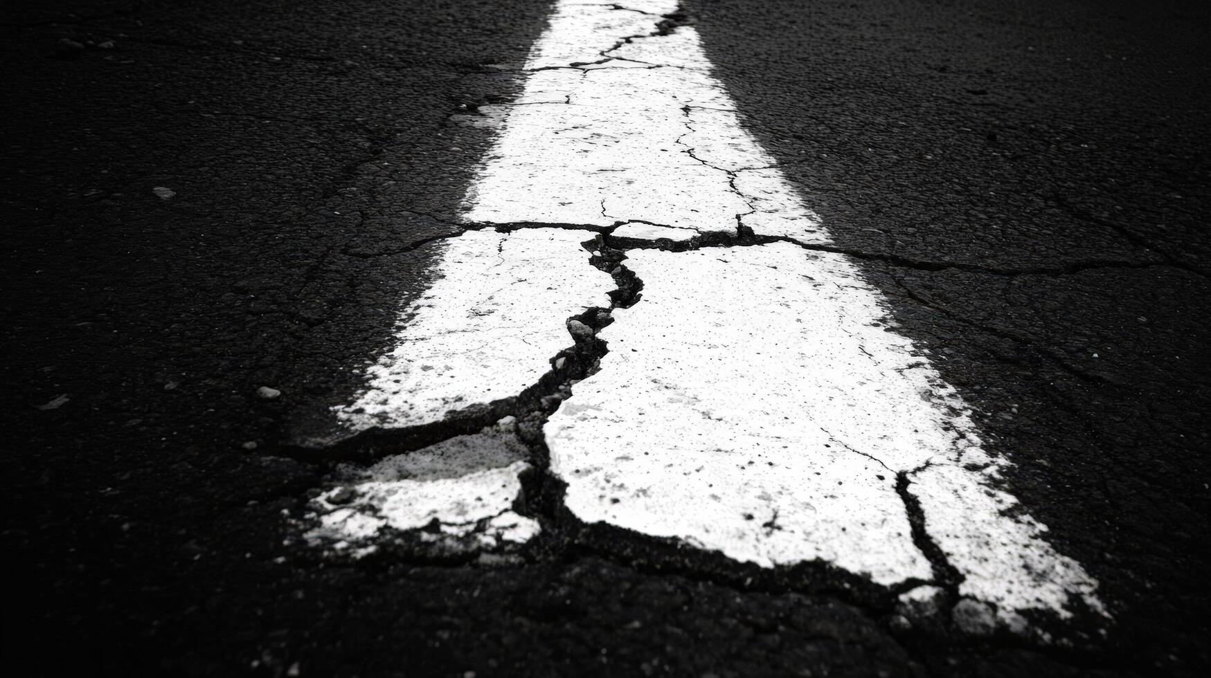 A black and white photo of a road with a white line