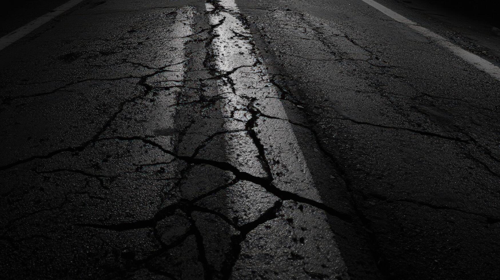 A dark road with cracks and cracks in it photo