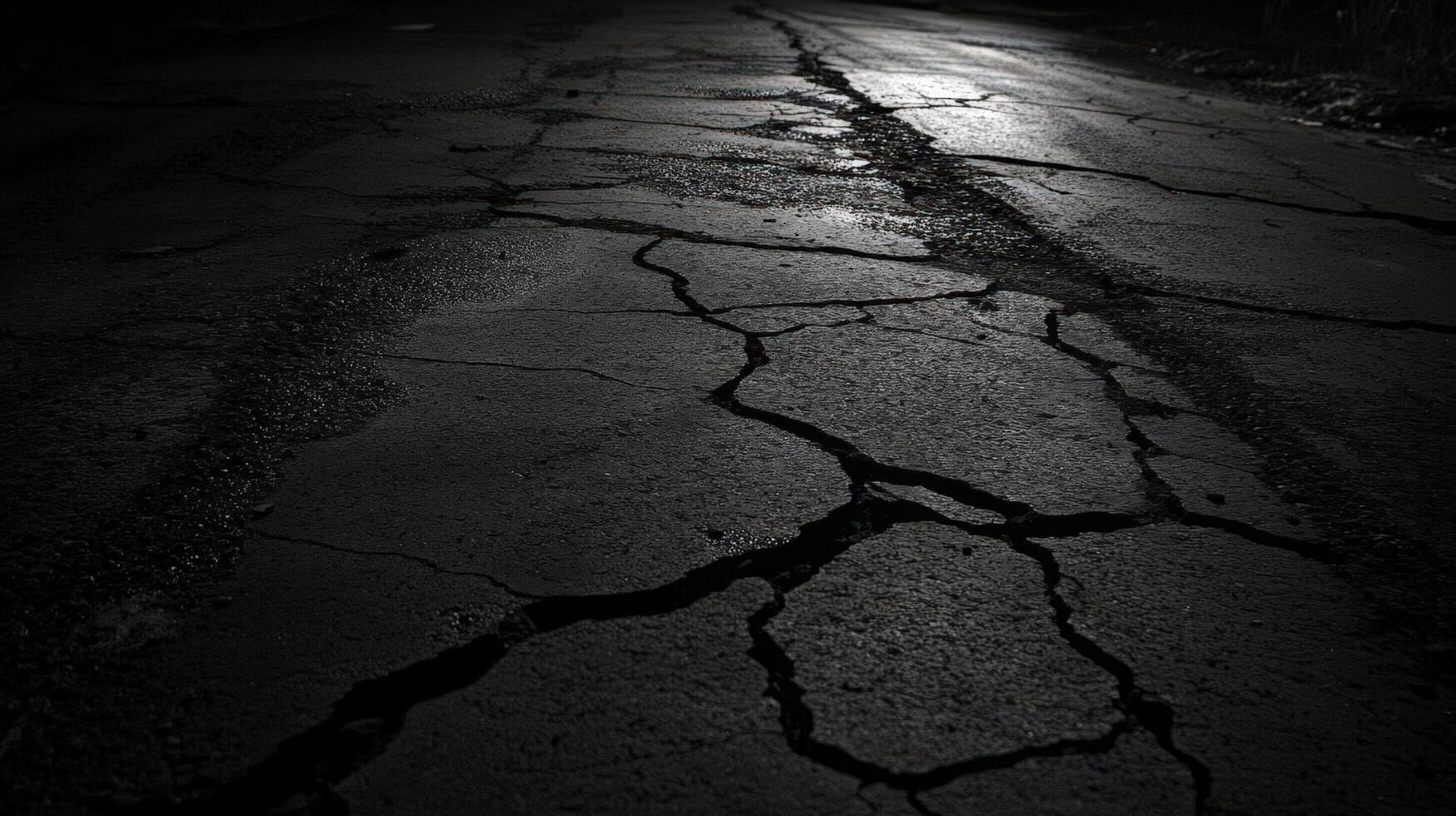 A dark road with cracks and cracks in it photo