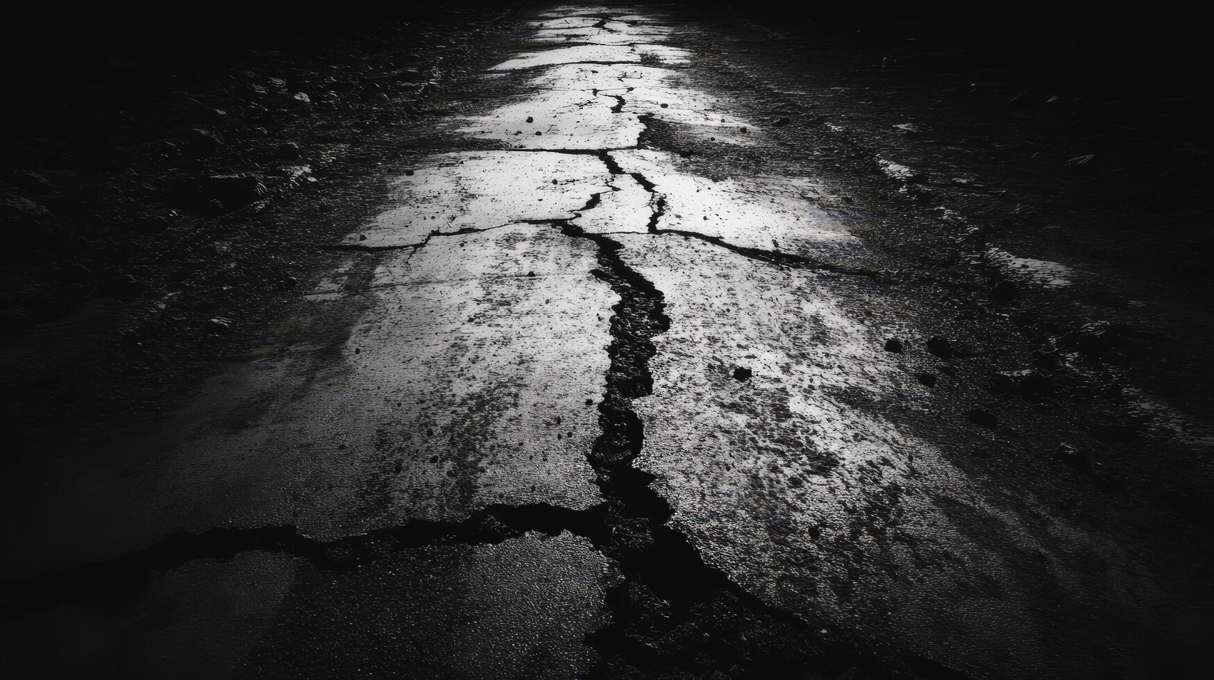 A black and white photo of a road with cracks