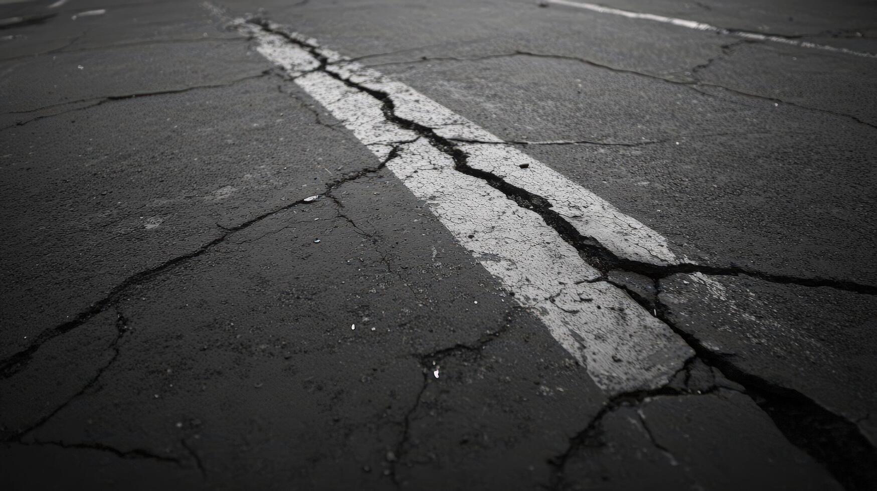 Black and white photo of asphalt road with cracks
