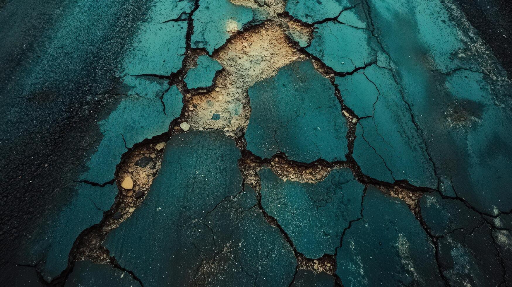 Deep Teal Cracked Asphalt Road Surface Texture photo