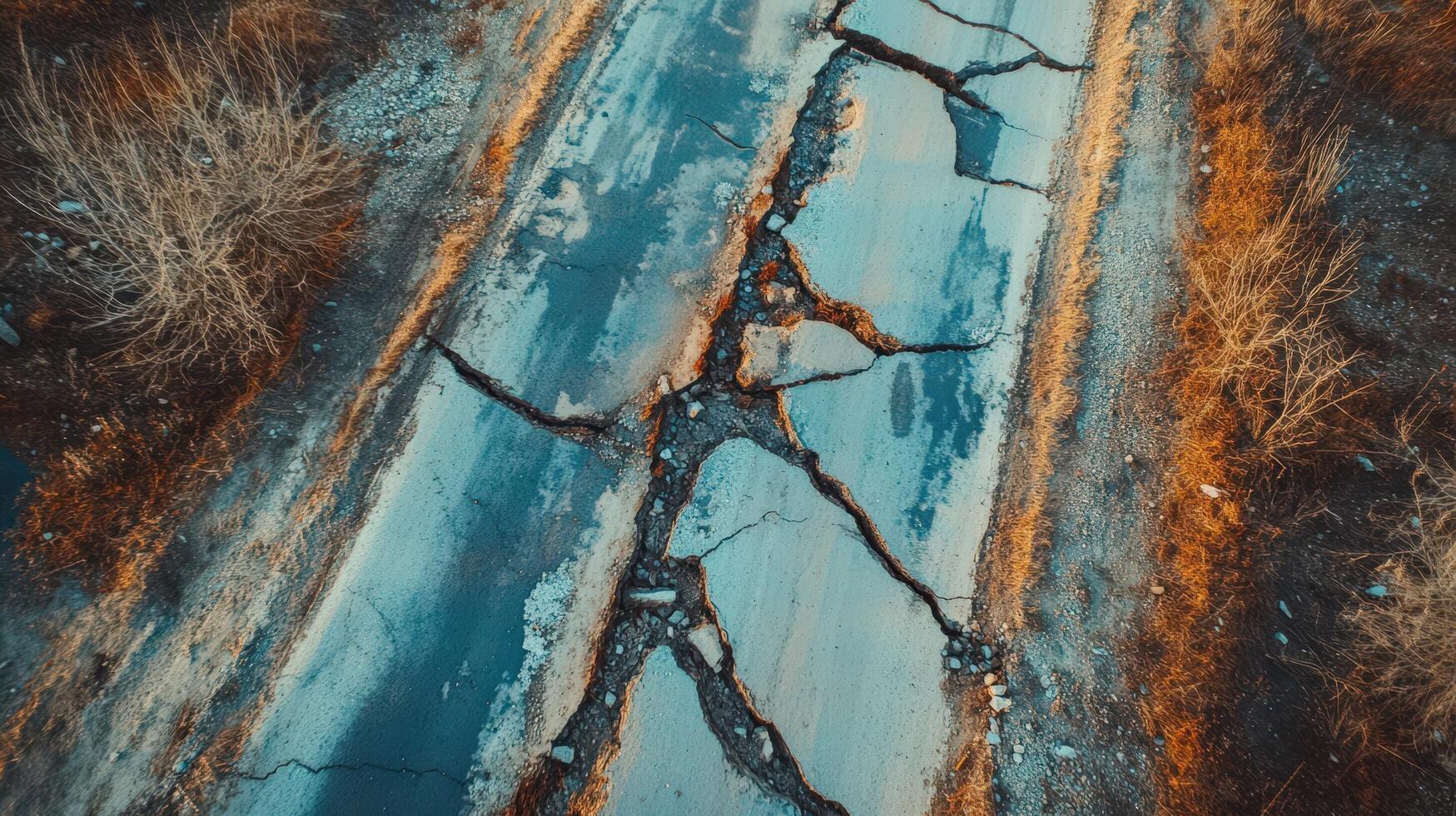 Severely Cracked Road Surface Aerial View photo