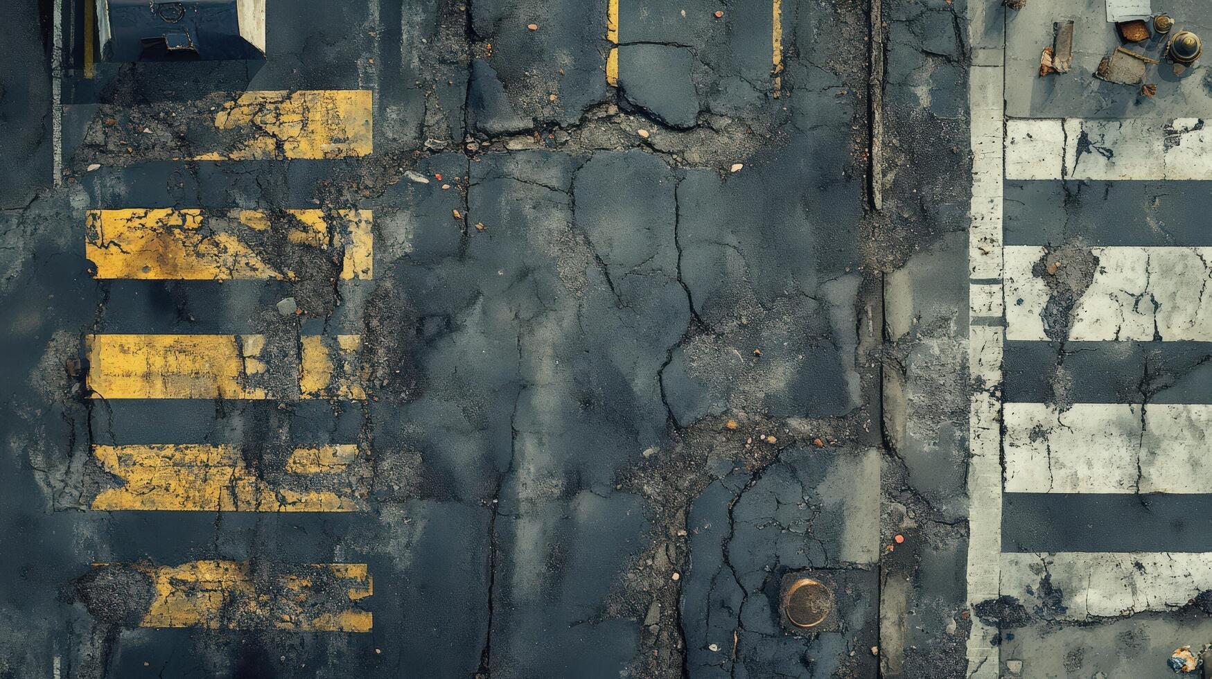 Damaged Road Surface Showing Cracked Asphalt And Crosswalks photo