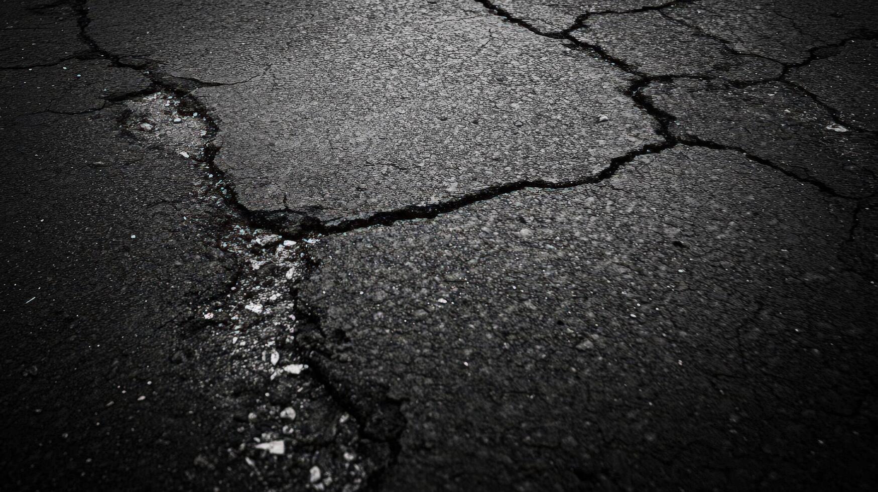 Black and white photo of a cracked asphalt road