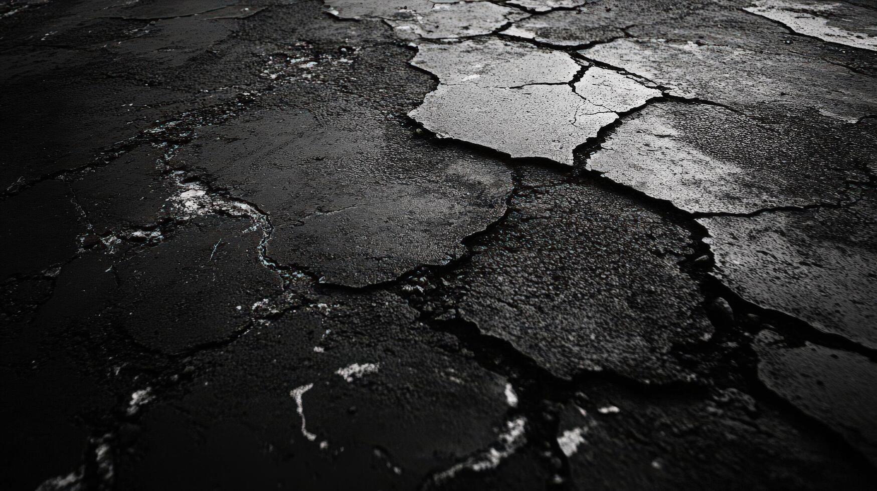 Cracked Asphalt Surface Texture Dark Grey Black photo